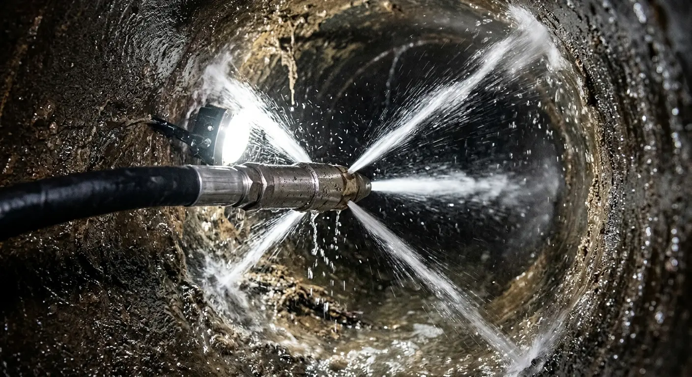 High-pressure hydro jetting nozzle cleaning sewer pipe for Storm Drain Cleaning in Pelham