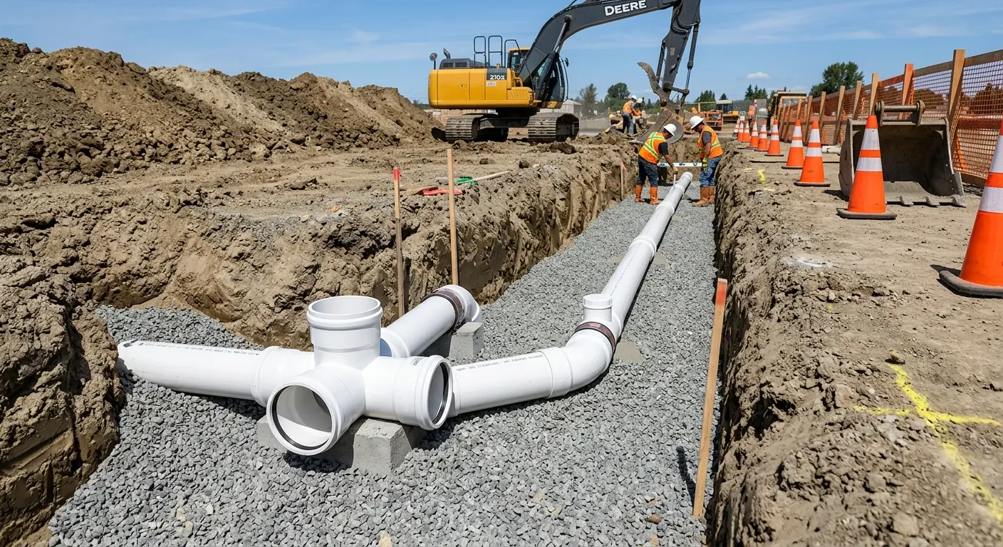 New PVC sewer pipe installation in open trench for Commercial Drain Cleaning in Pelham