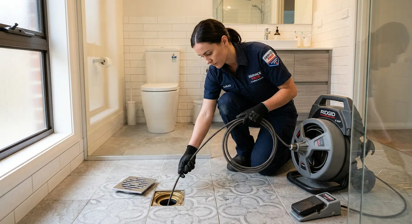 Technician clearing a bathroom floor drain for Clogged Drain Repair in Pelham